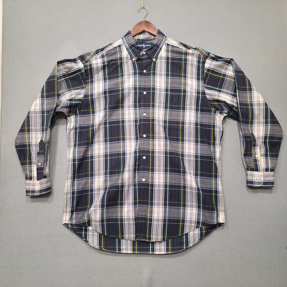 Ralph Lauren Big Shirt Men's Blue Plaid Long Sleeve Button Up Shirt Size Large